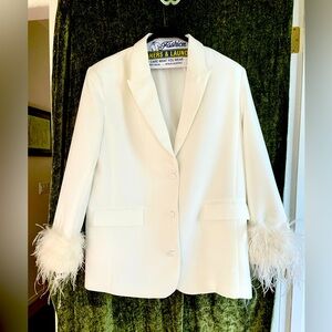 Line and Dot Winter White Oversized Blazer with Maribou Trim